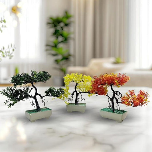Pack Of 3 Bonsai Trees ( Green, Yellow, Orange ) for Home Decor